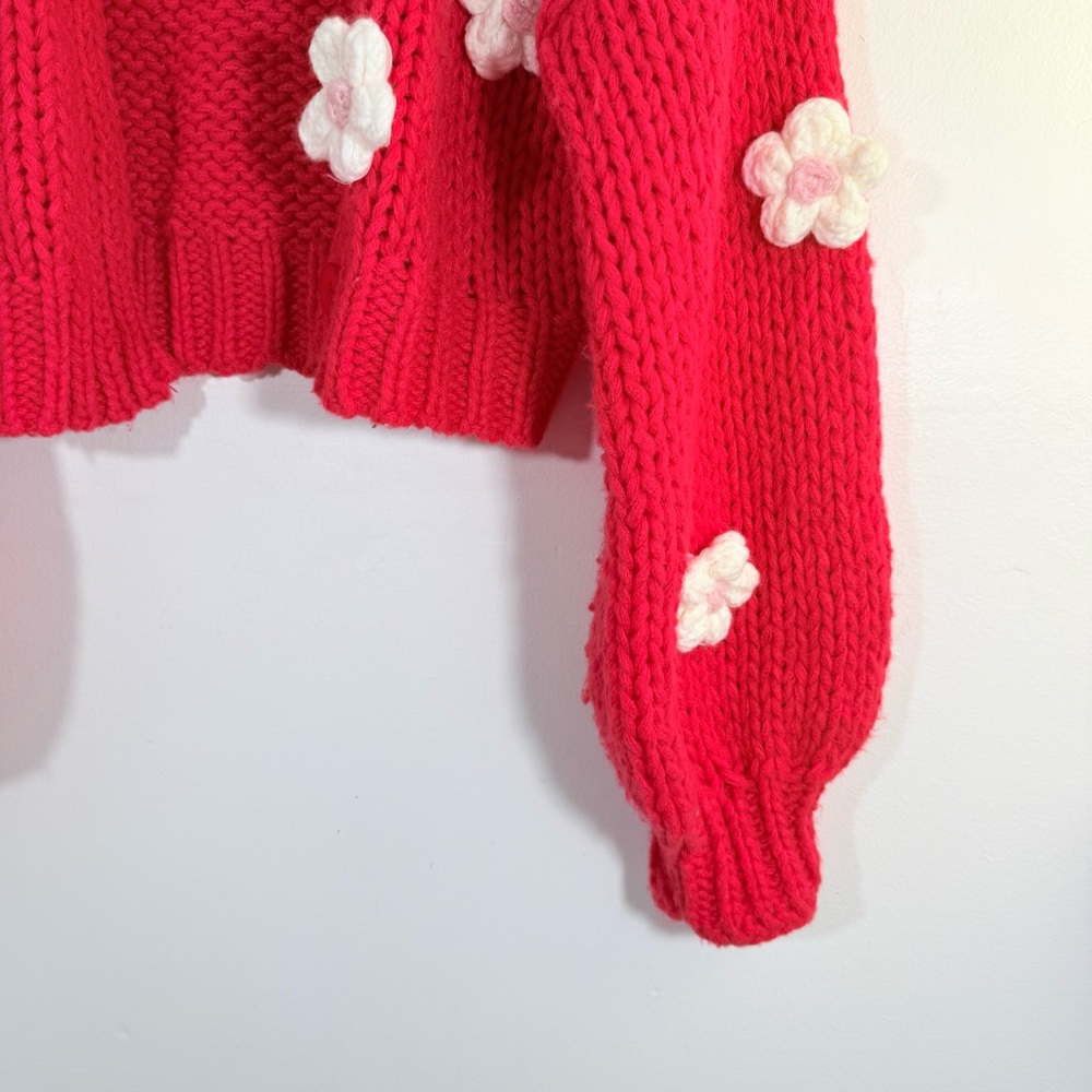 Anthropologie Luna Ivy Red White 3D Flowers Chunky Knit Sweater Cardigan Small - Picture 5 of 9